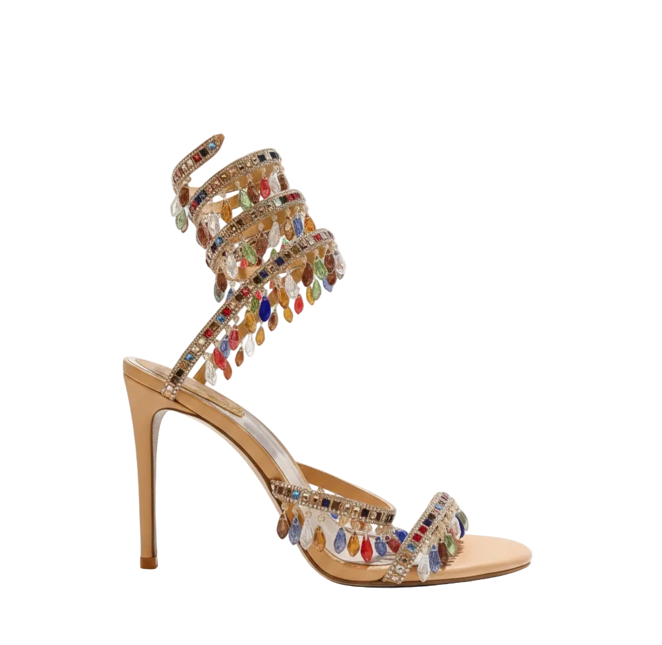 Chandelier embellished Multicolor satin sandals with rhinestones