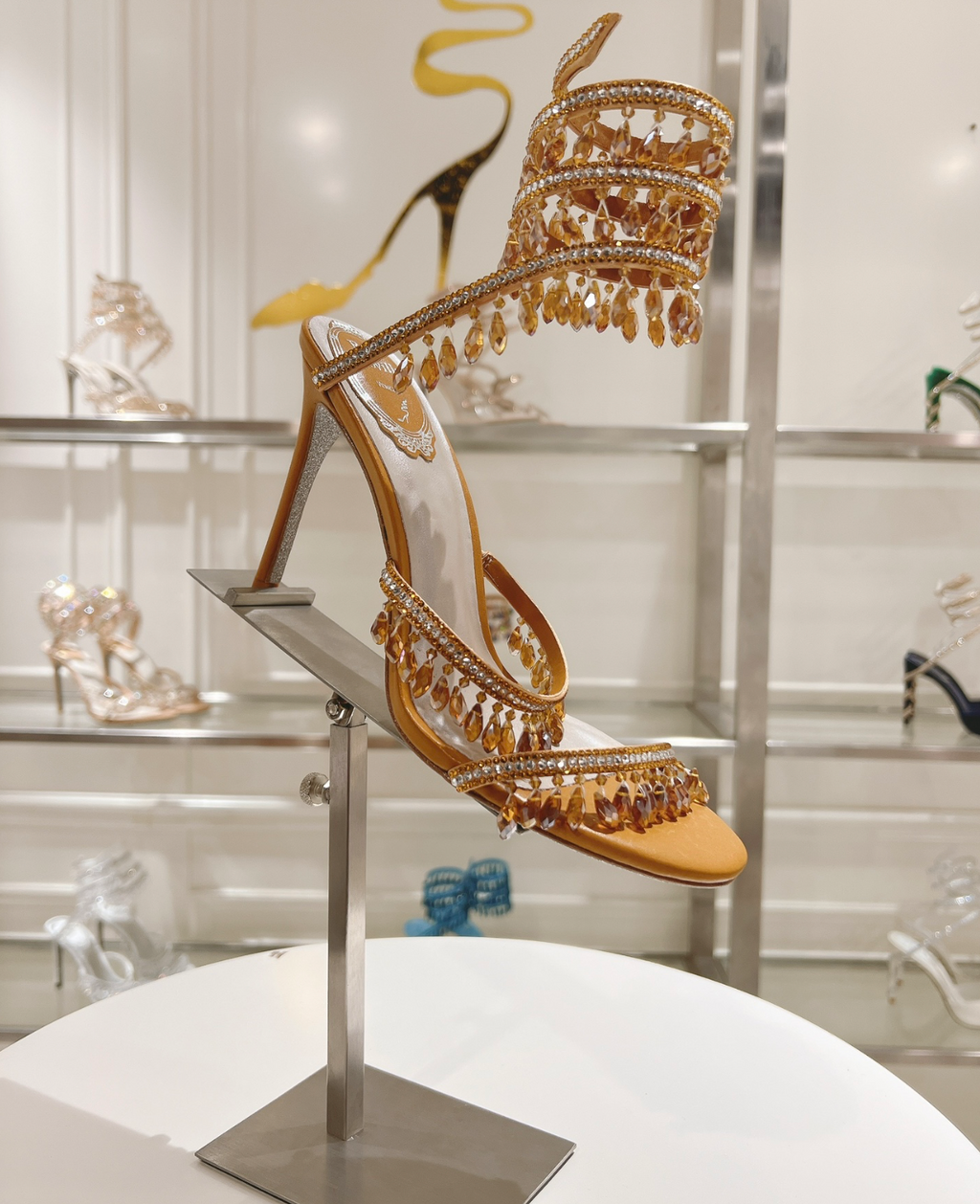 Chandelier embellished Mustard-Tan satin sandals with rhinestones