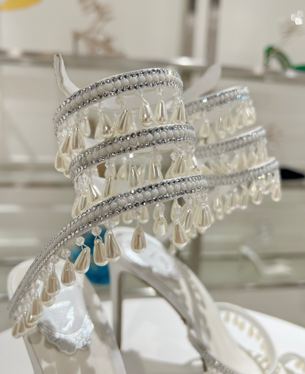 Chandelier embellished White satin sandals with rhinestones