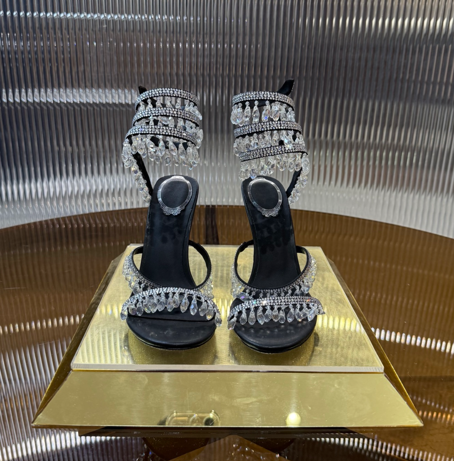 Chandelier embellished Black satin sandals with clear rhinestones