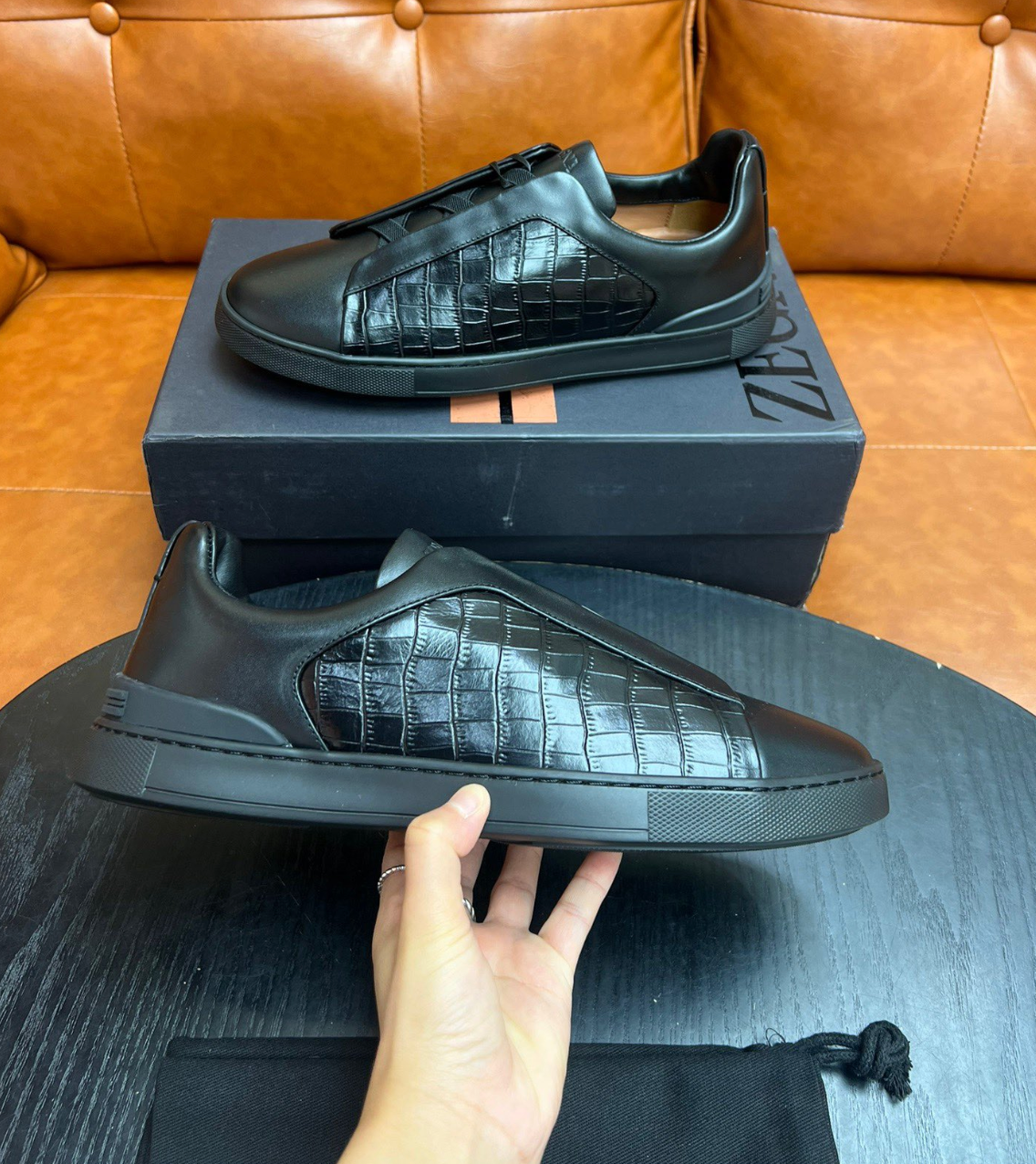 Ermenegildo Zegna Black Crocodile Leather Triple Stitch