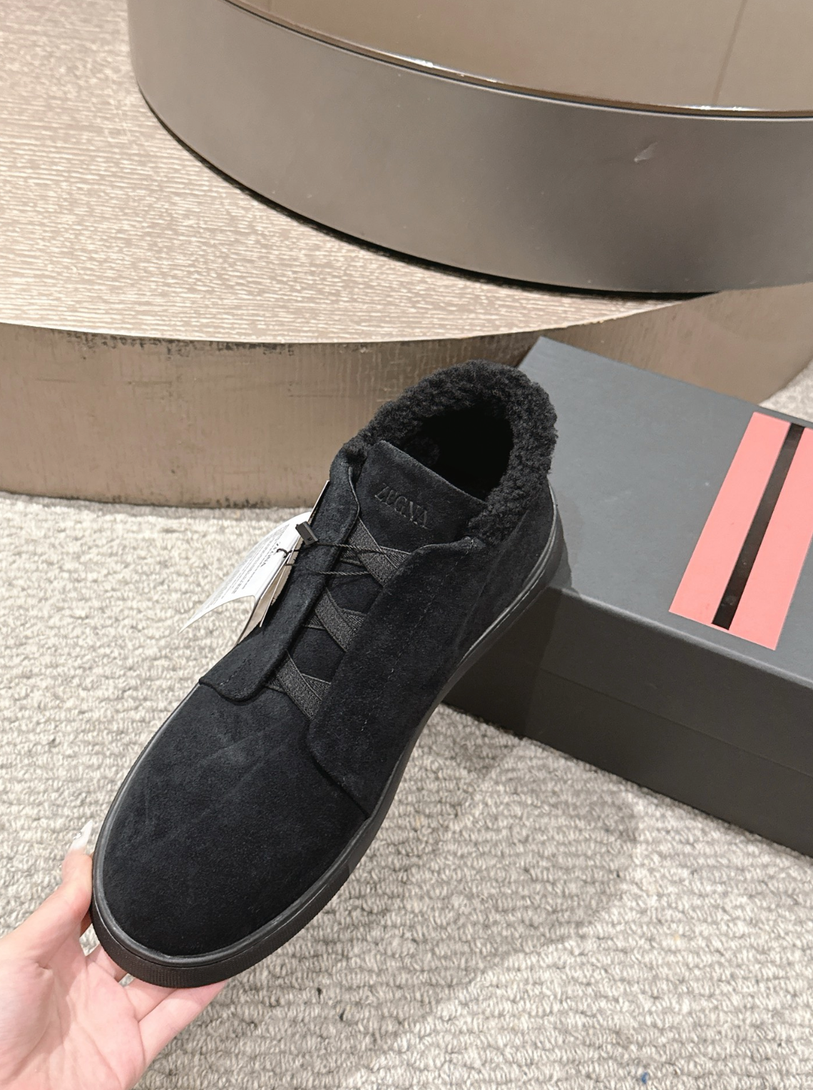Ermenegildo Zegna black suede deerskin wool Triple Stitch mid-top