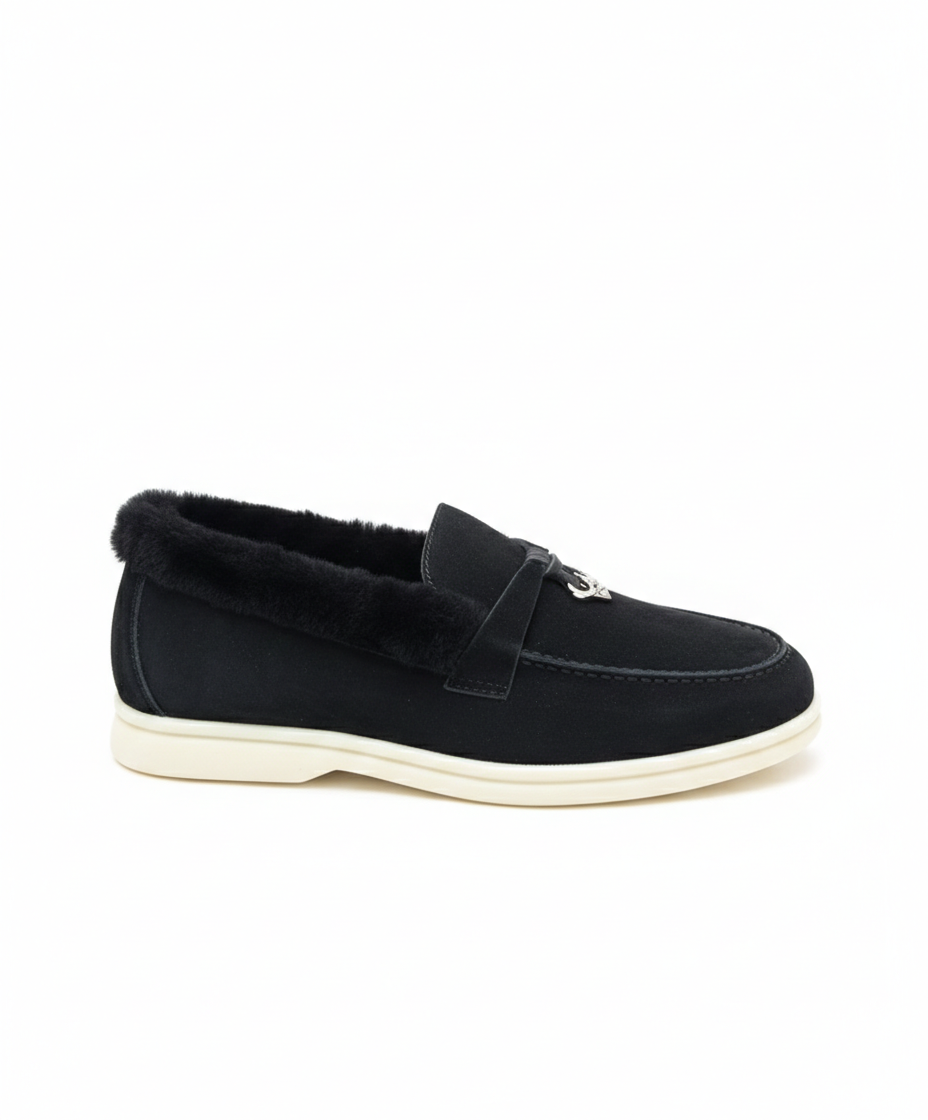Summer Charms Walk Black Fur Loafer Suede