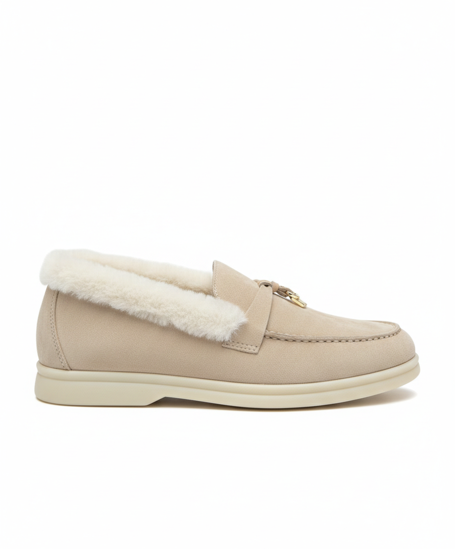 Summer Charms Walk Beige/White Fur Loafer Suede