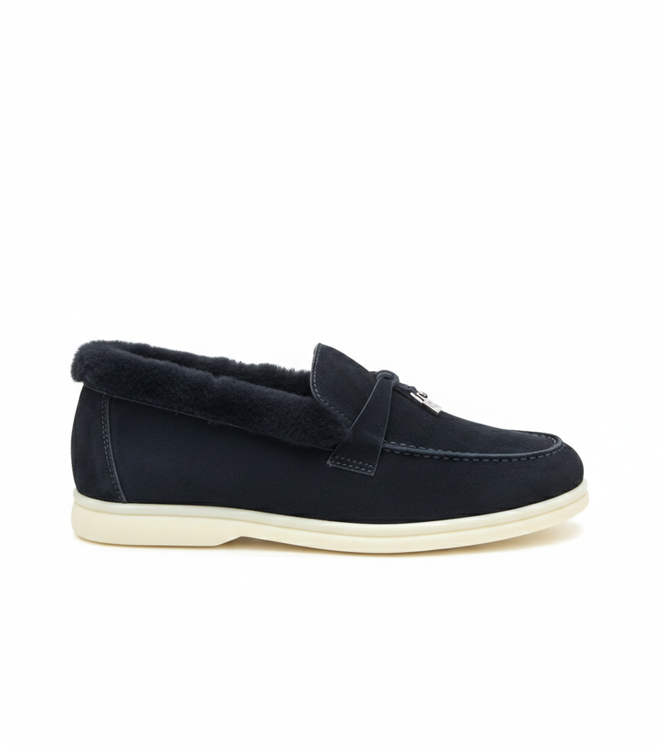 Summer Charms Walk Navy Blue Fur Loafer Suede