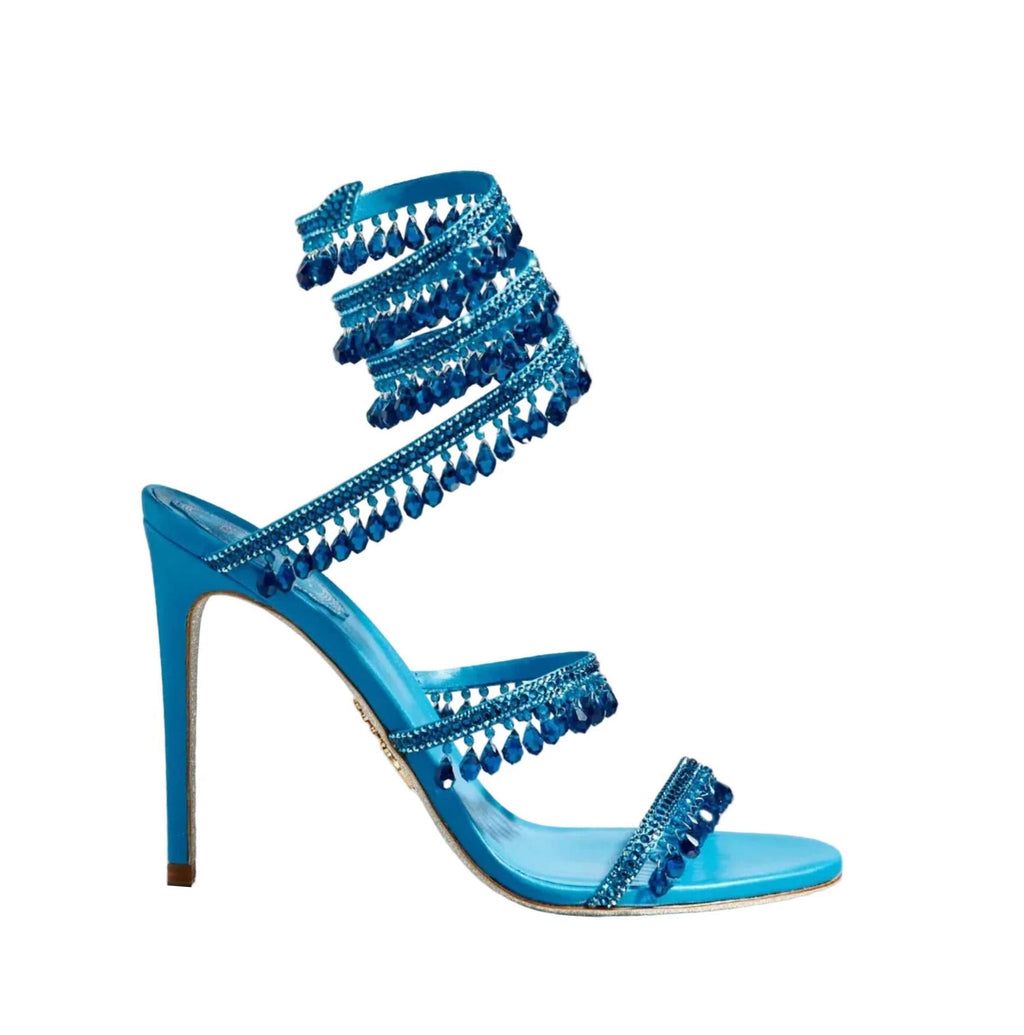 Chandelier embellished Blue satin sandals with rhinestones