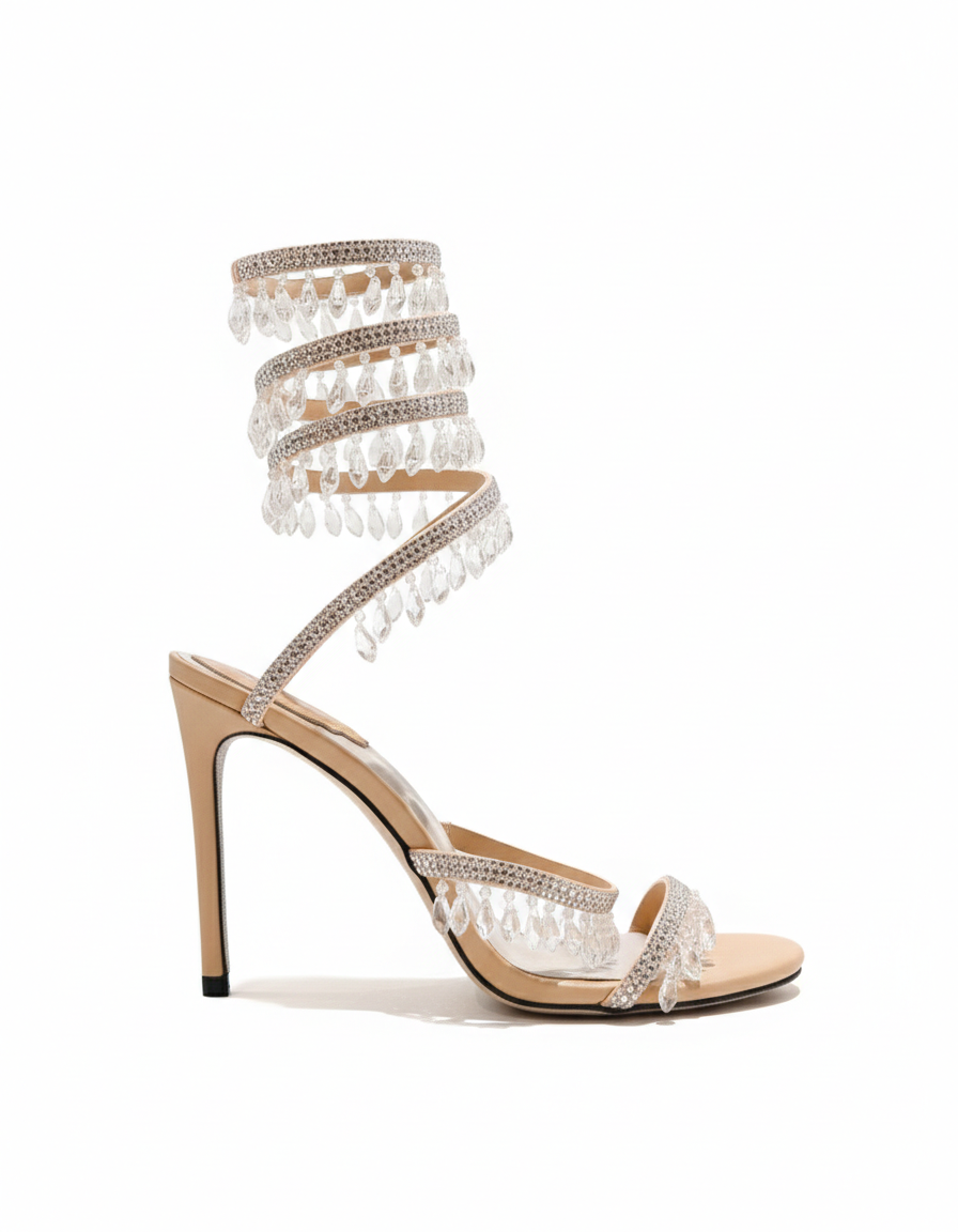 Chandelier embellished Multicolor satin sandals with clear rhinestones