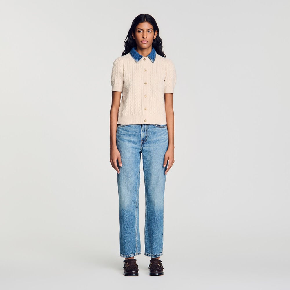 SANDRO CARDIGAN WITH DENIM COLLAR