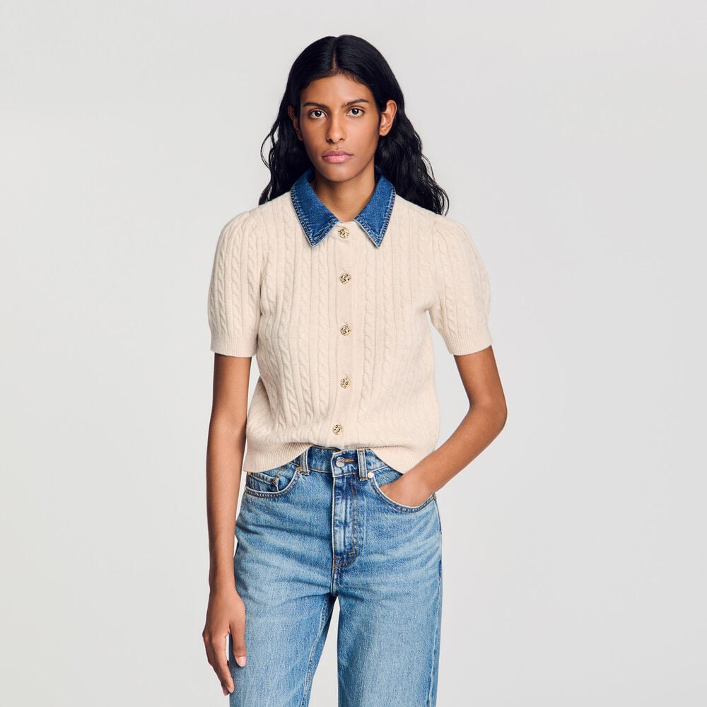 SANDRO CARDIGAN WITH DENIM COLLAR