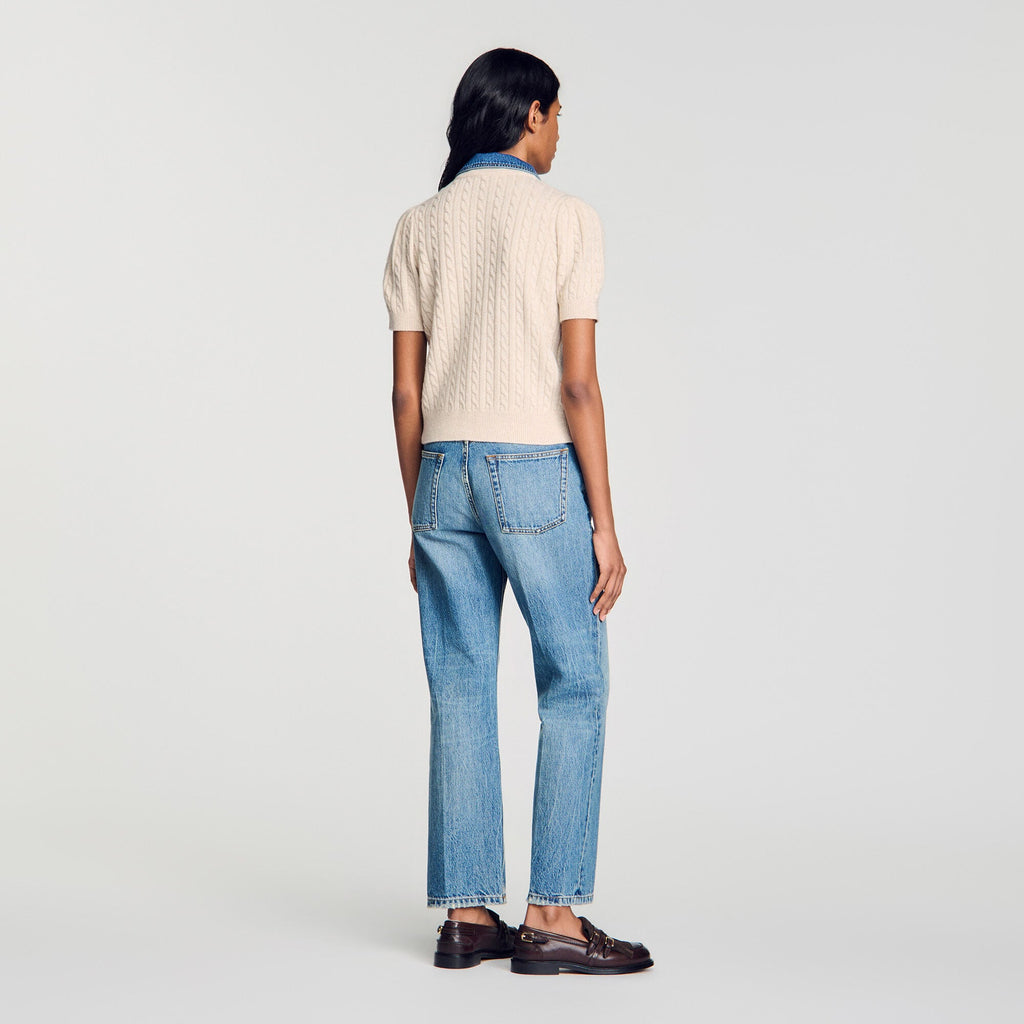SANDRO CARDIGAN WITH DENIM COLLAR