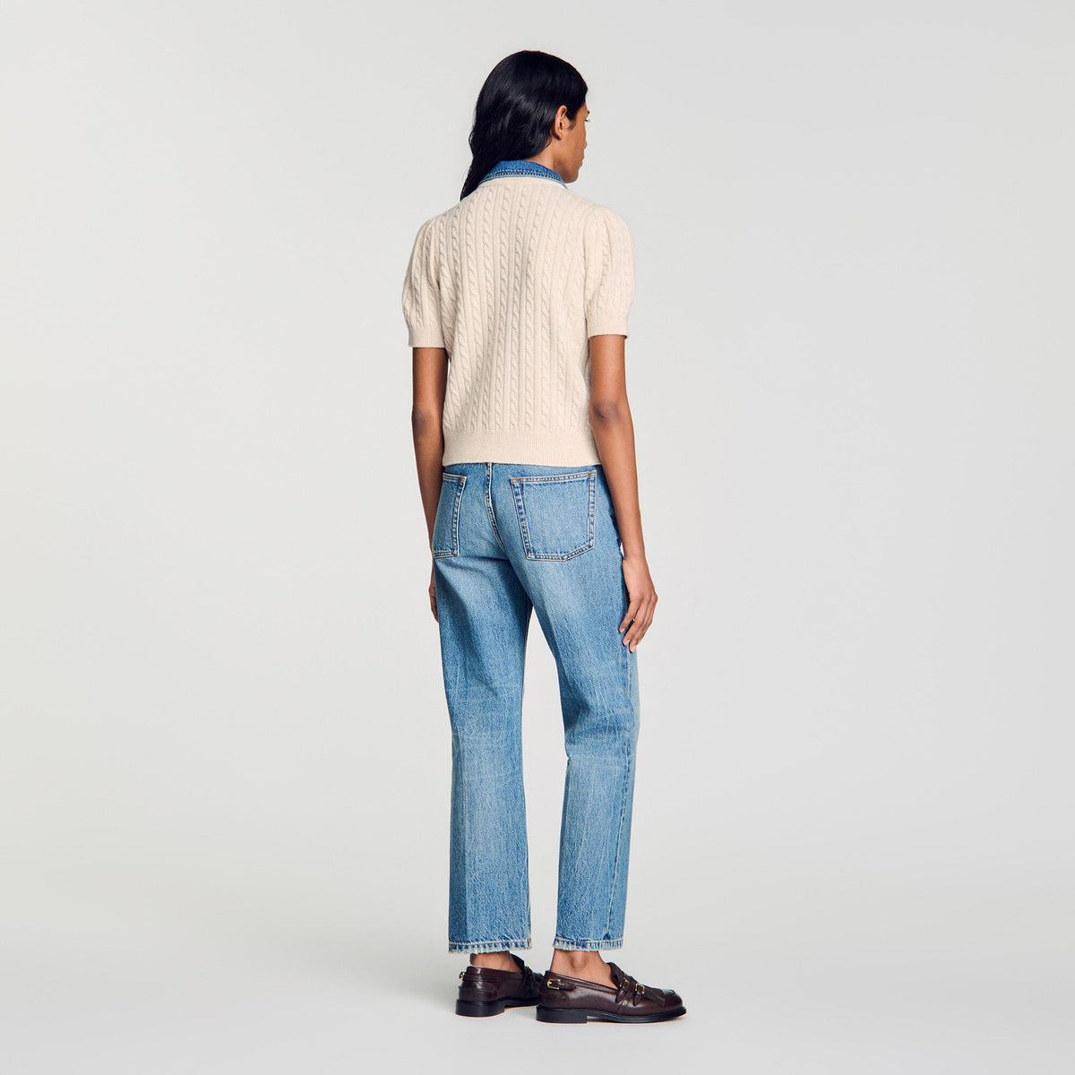 SANDRO CARDIGAN WITH DENIM COLLAR
