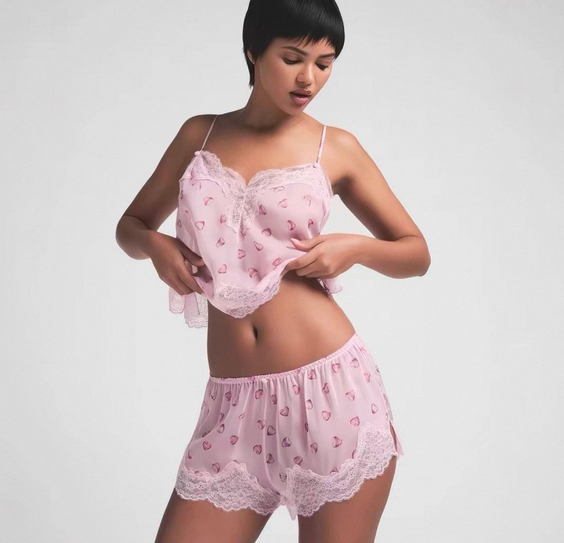 SKIMS ROMANCE LACE CROPPED CAMI AND SHORT SET