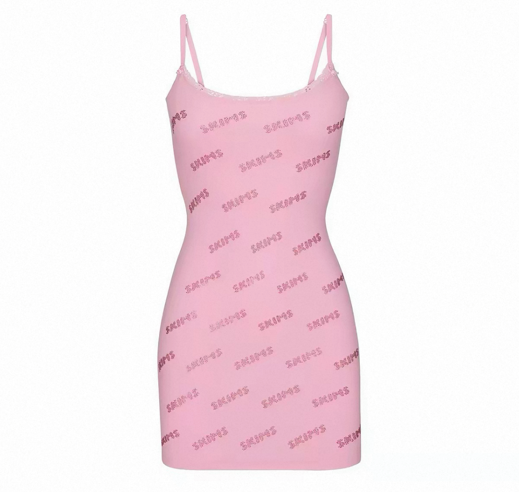 RHINESTONE LOGO POINTELLE MINI SLIP DRESS