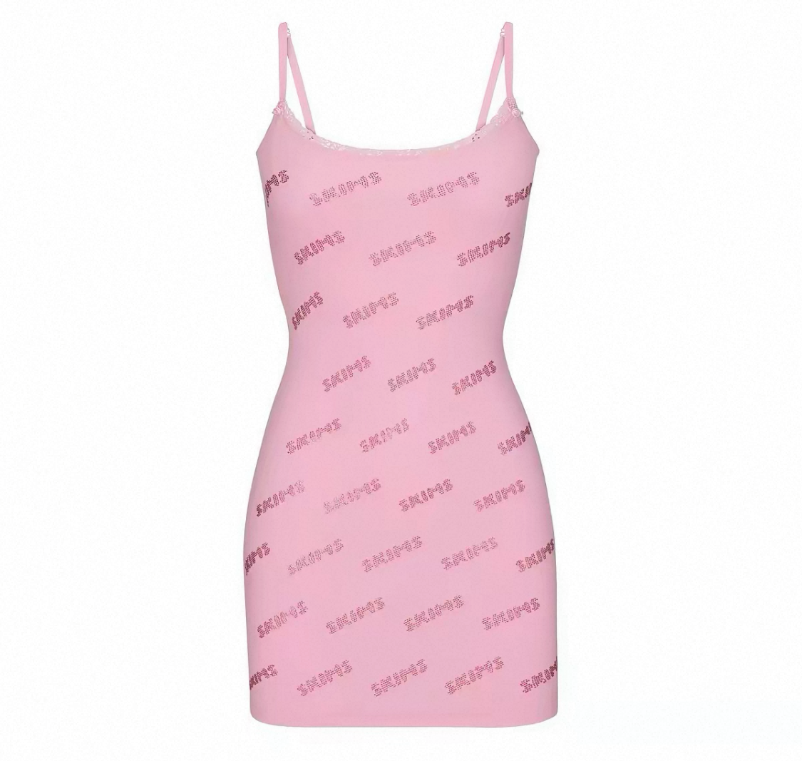 RHINESTONE LOGO POINTELLE MINI SLIP DRESS