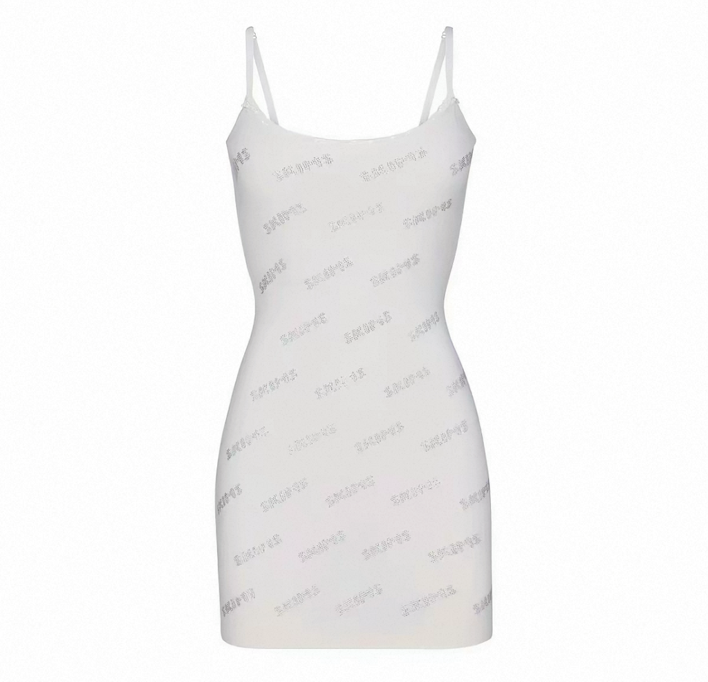 RHINESTONE LOGO POINTELLE MINI SLIP DRESS