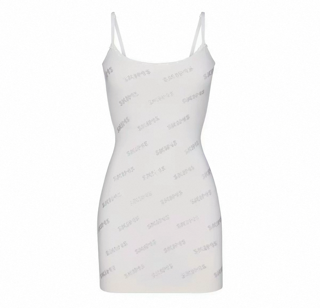 RHINESTONE LOGO POINTELLE MINI SLIP DRESS