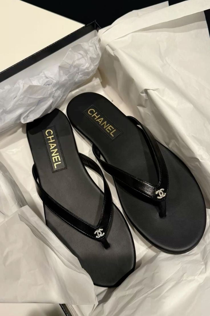 CHANEL Black Thong Sandals