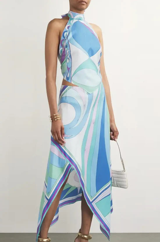 PUCCI Onde di Mare blue Silk Halter Top & Asymmetrical Skirt Set