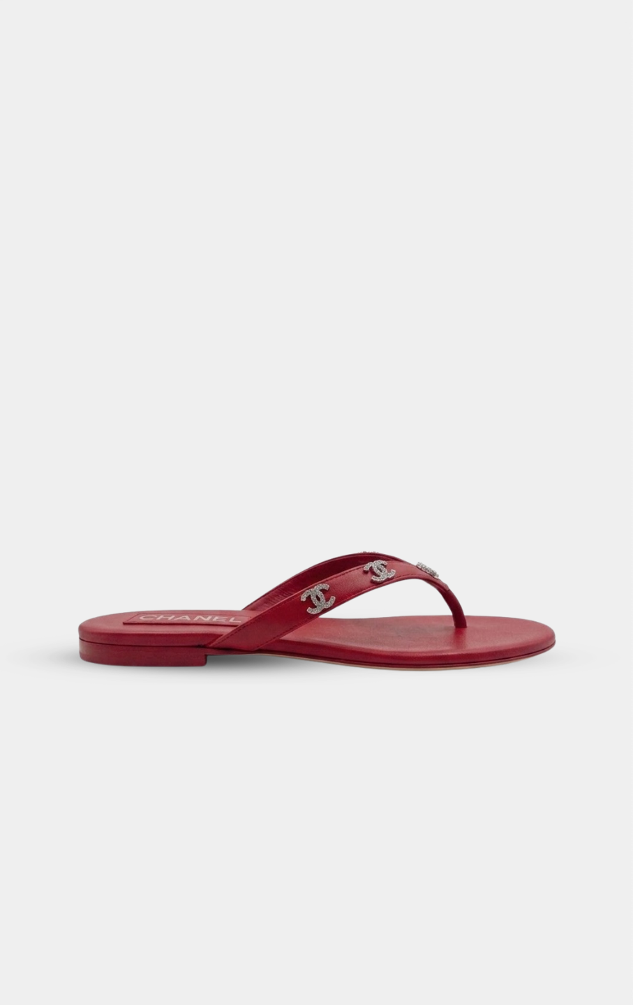 CHANEL Red leather rhinestone thong sandals