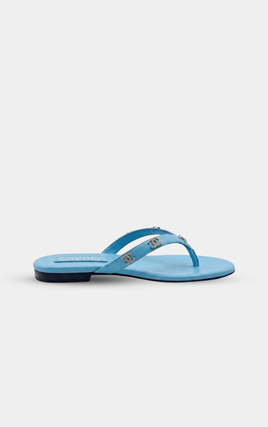 CHANEL Light Blue leather rhinestone thong sandals