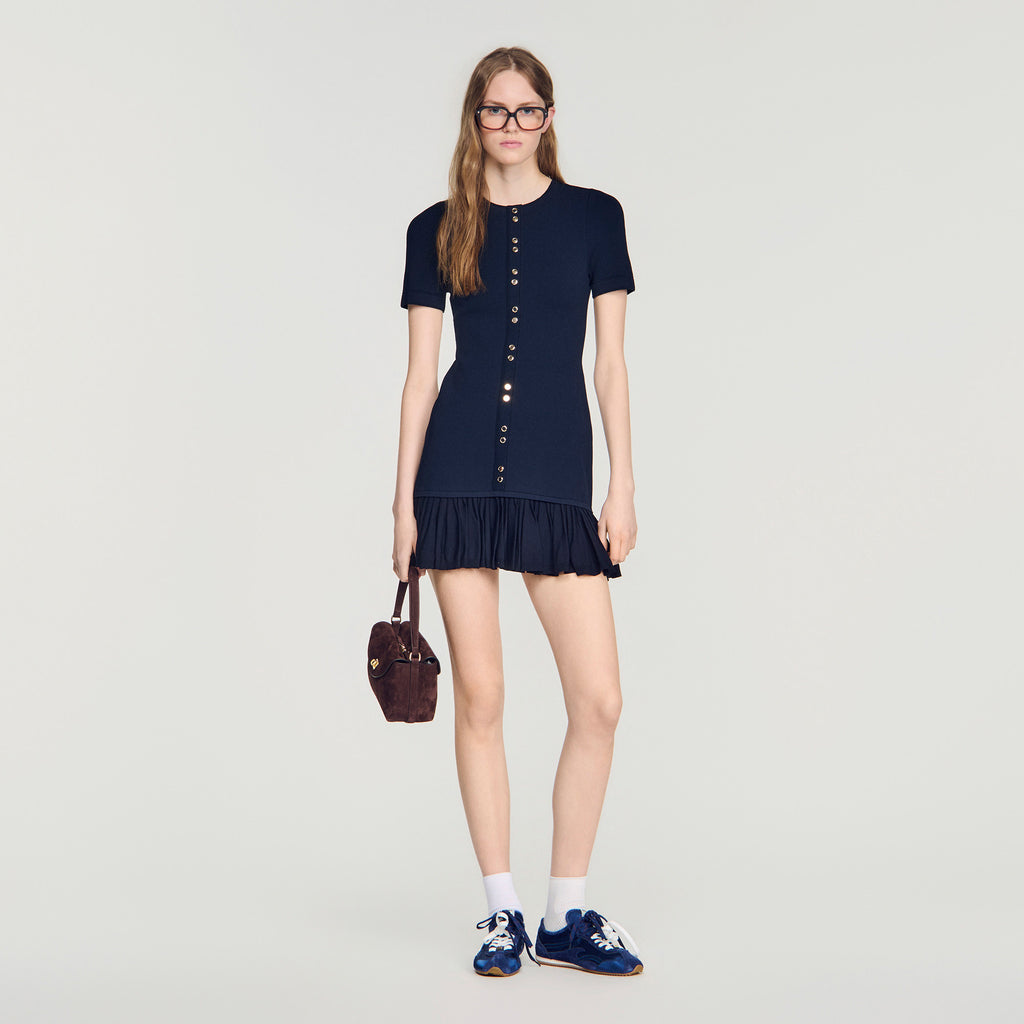 SANDRO RUFFLE TRIM BUTTON DETAIL MINI DRESS