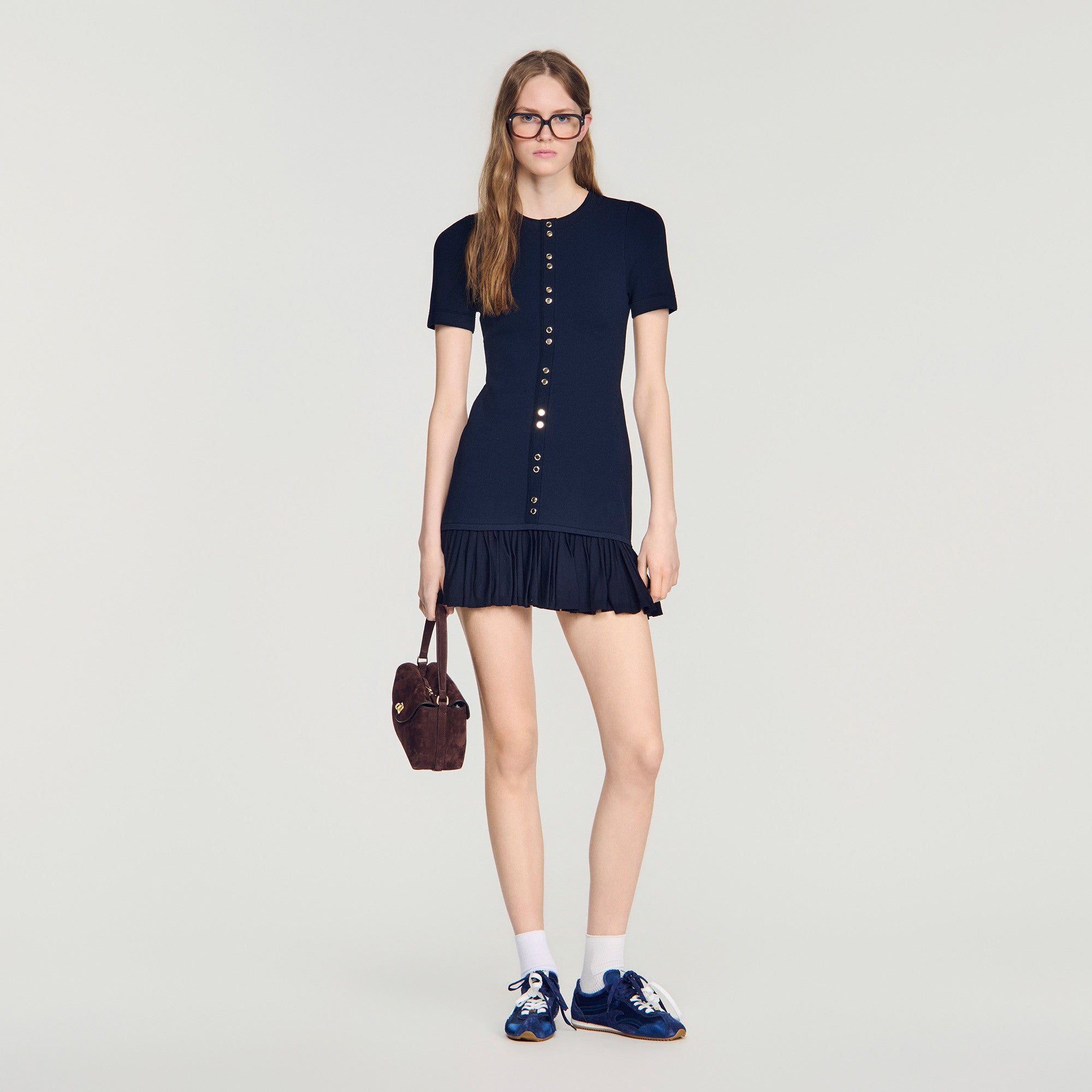 SANDRO RUFFLE TRIM BUTTON DETAIL MINI DRESS