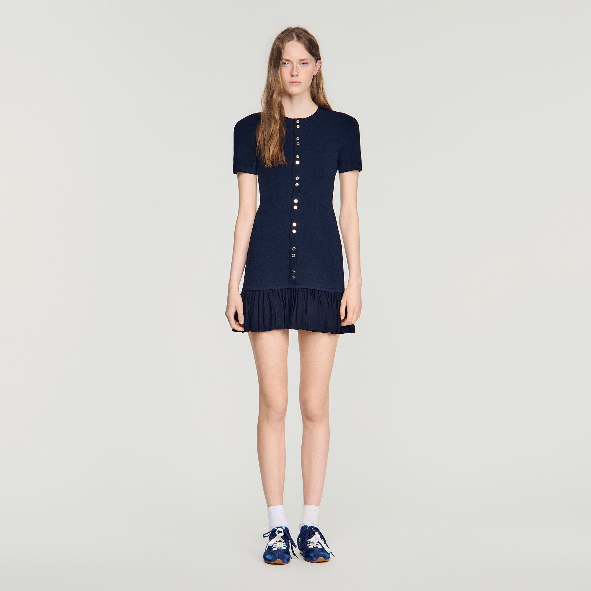 SANDRO RUFFLE TRIM BUTTON DETAIL MINI DRESS