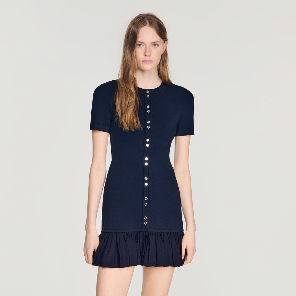 SANDRO RUFFLE TRIM BUTTON DETAIL MINI DRESS