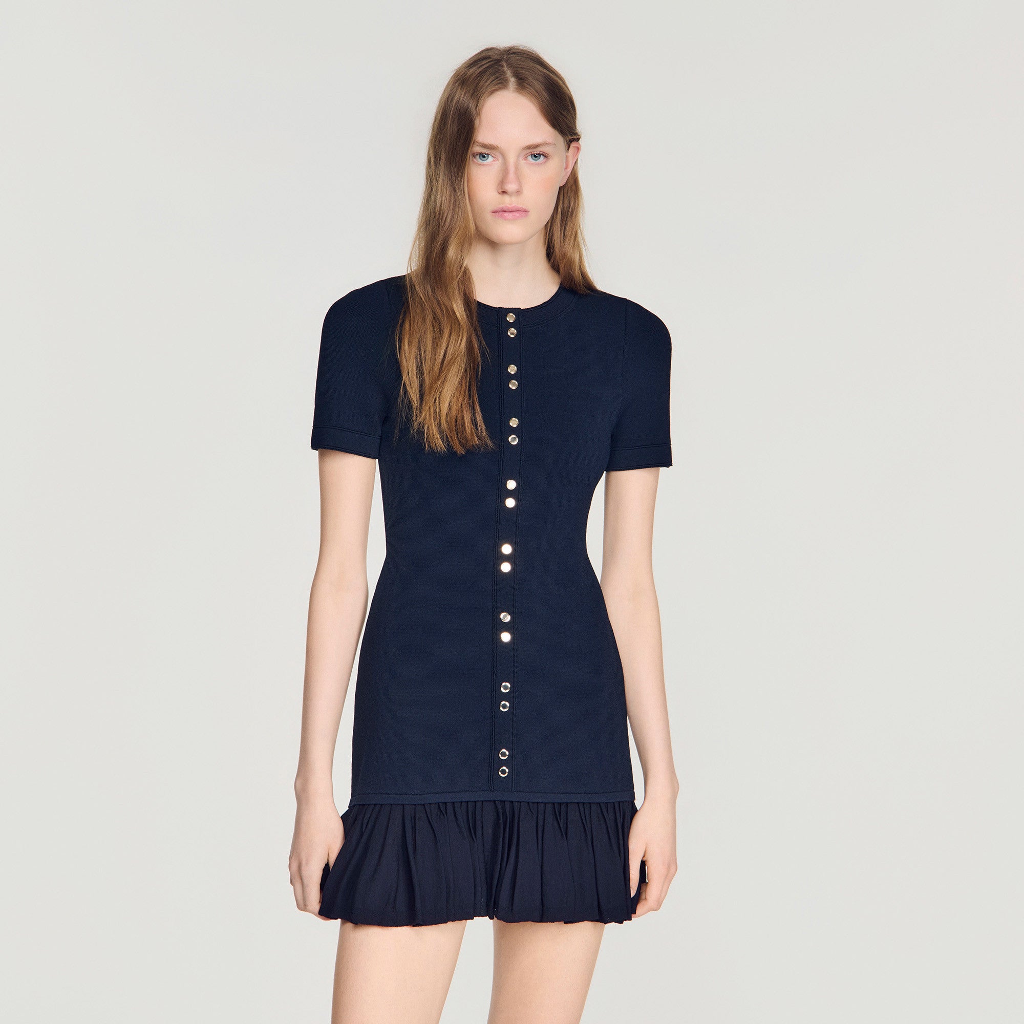 SANDRO RUFFLE TRIM BUTTON DETAIL MINI DRESS
