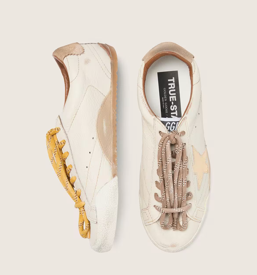 GGDB True-Star in white nappa leather with gold foiled leather star and beige suede heel tab
