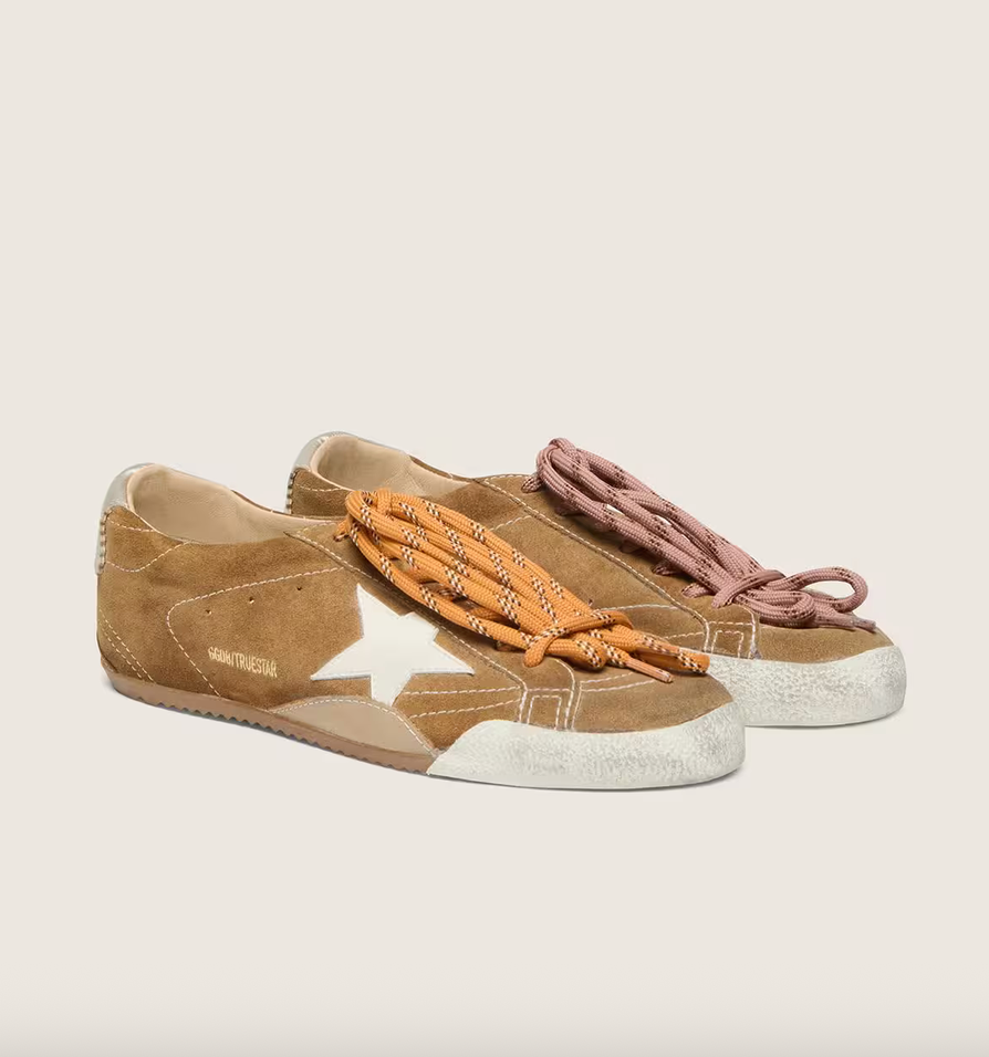 GGDB True-Star in tobacco-colored suede with white star and platinum heel tab