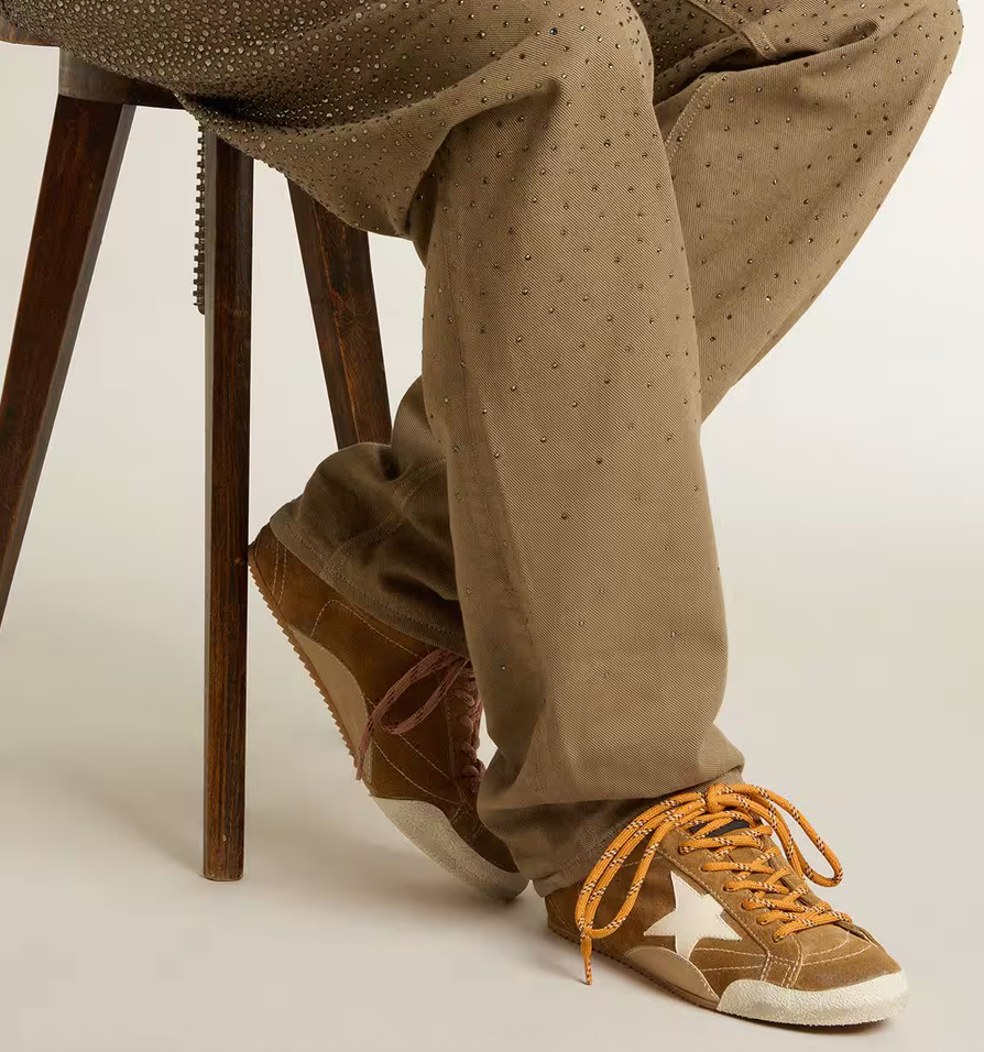 GGDB True-Star in tobacco-colored suede with white star and platinum heel tab