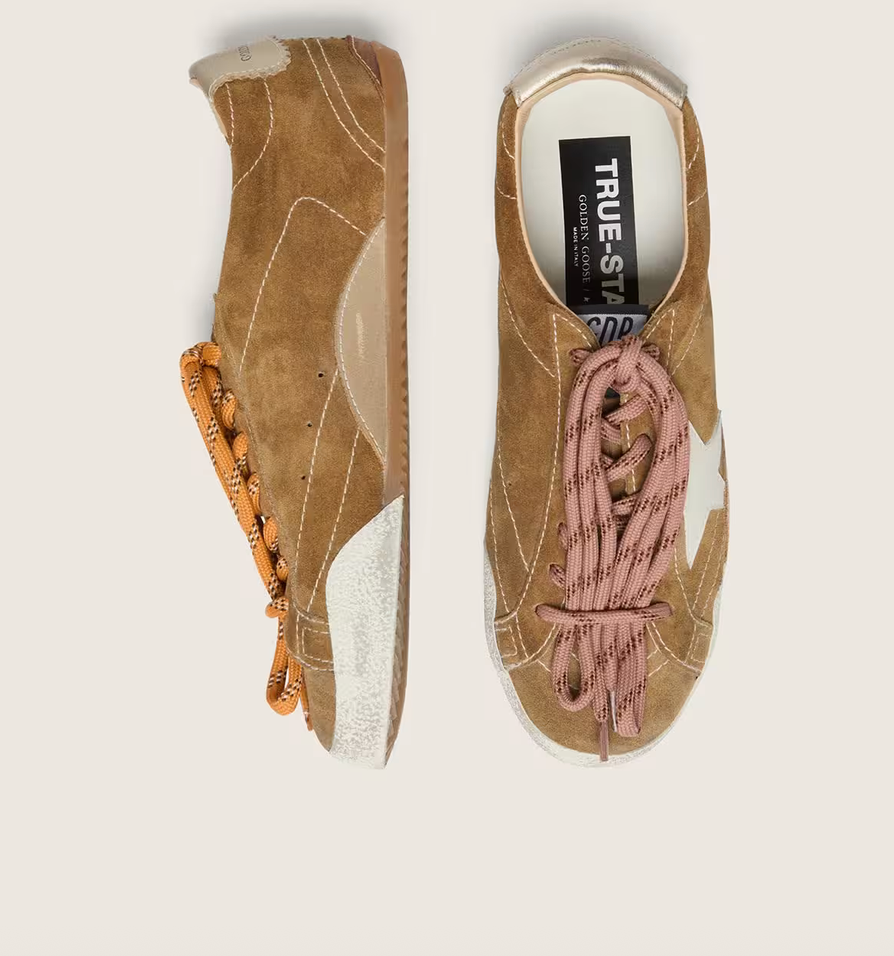 GGDB True-Star in tobacco-colored suede with white star and platinum heel tab