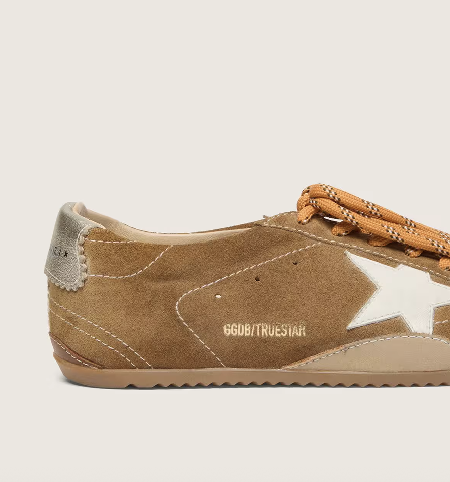 GGDB True-Star in tobacco-colored suede with white star and platinum heel tab