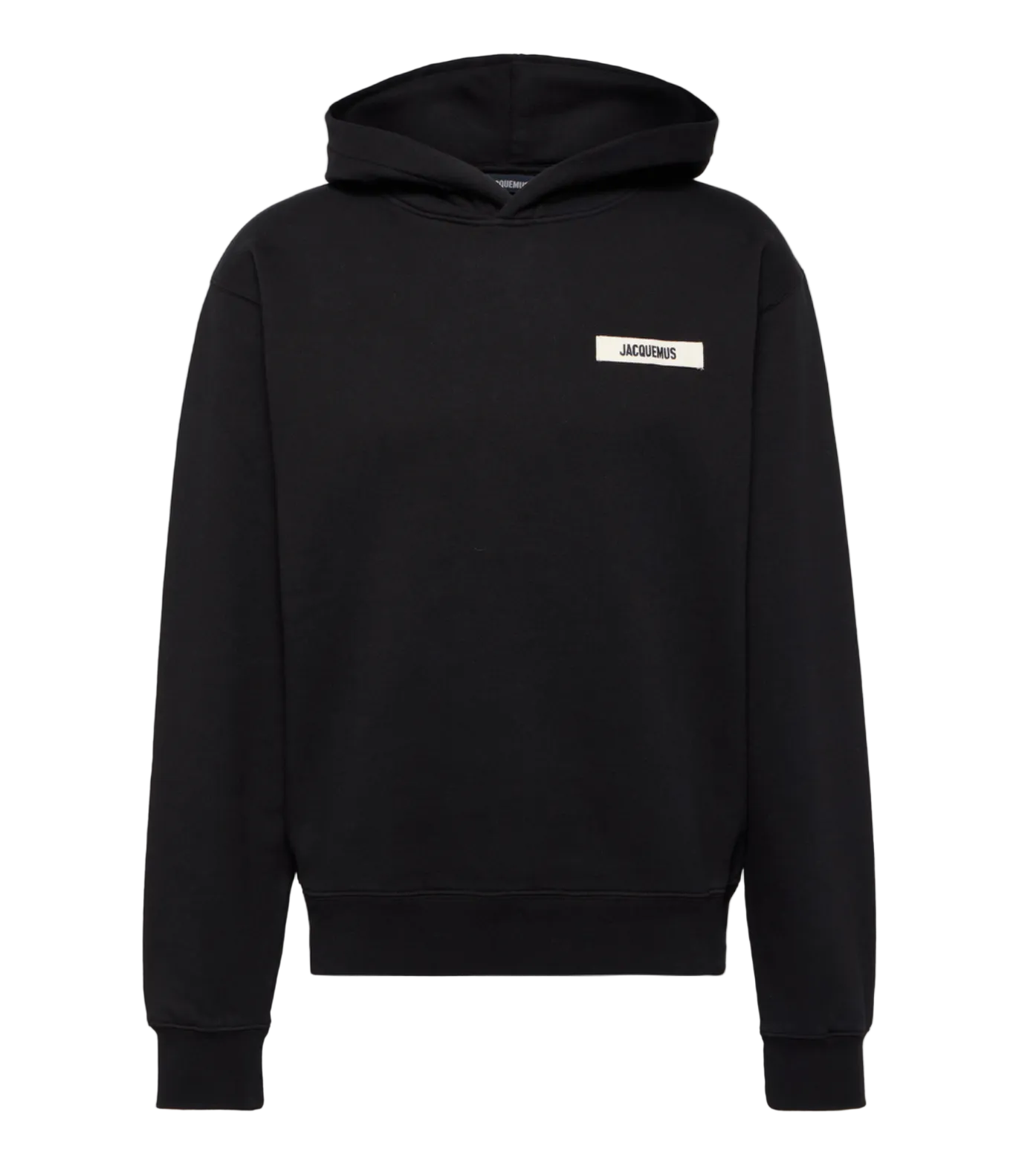 Black hoodie with a small white logo on a light gray background
