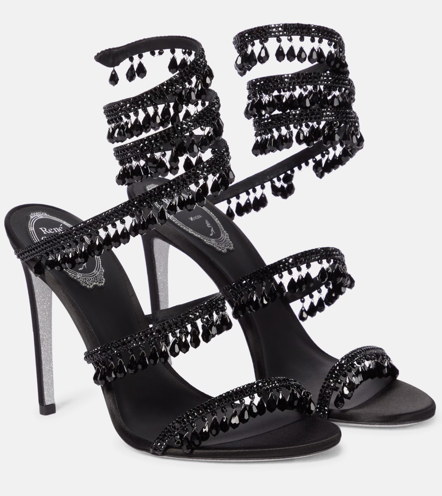 Chandelier embellished satin sandals full black