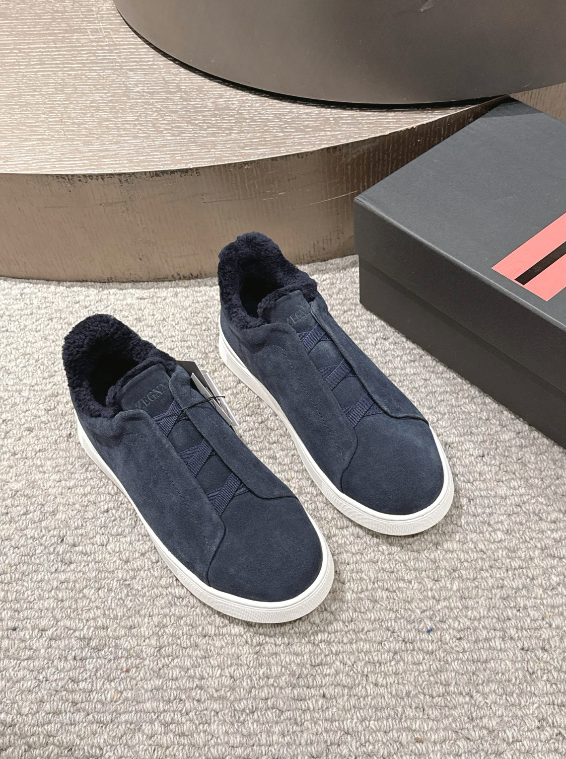 Ermenegildo Zegna Navy Suede Shearling Triple Stitch