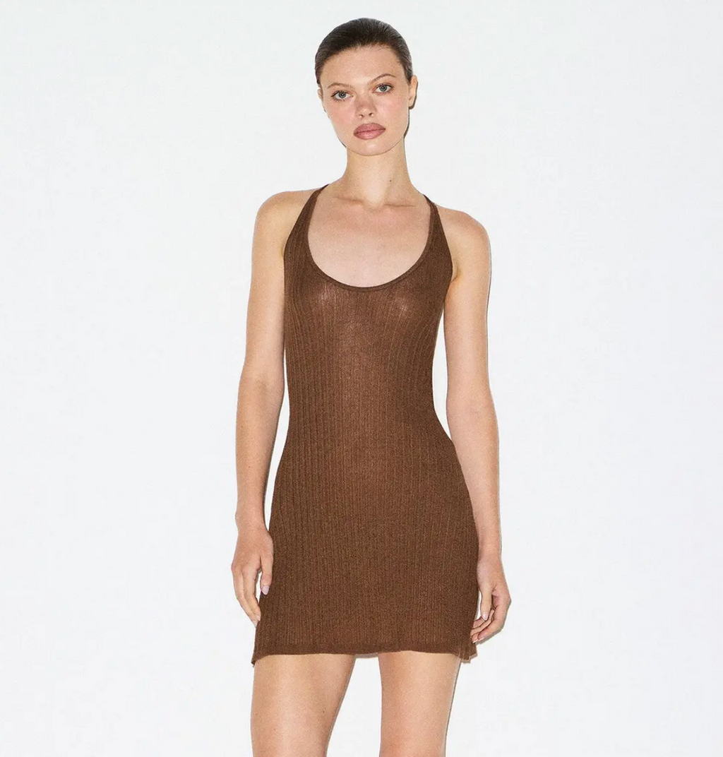 Sheer Knit Plunge Mini Dress