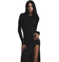 Woman wearing a black dress with a slit on a gray background