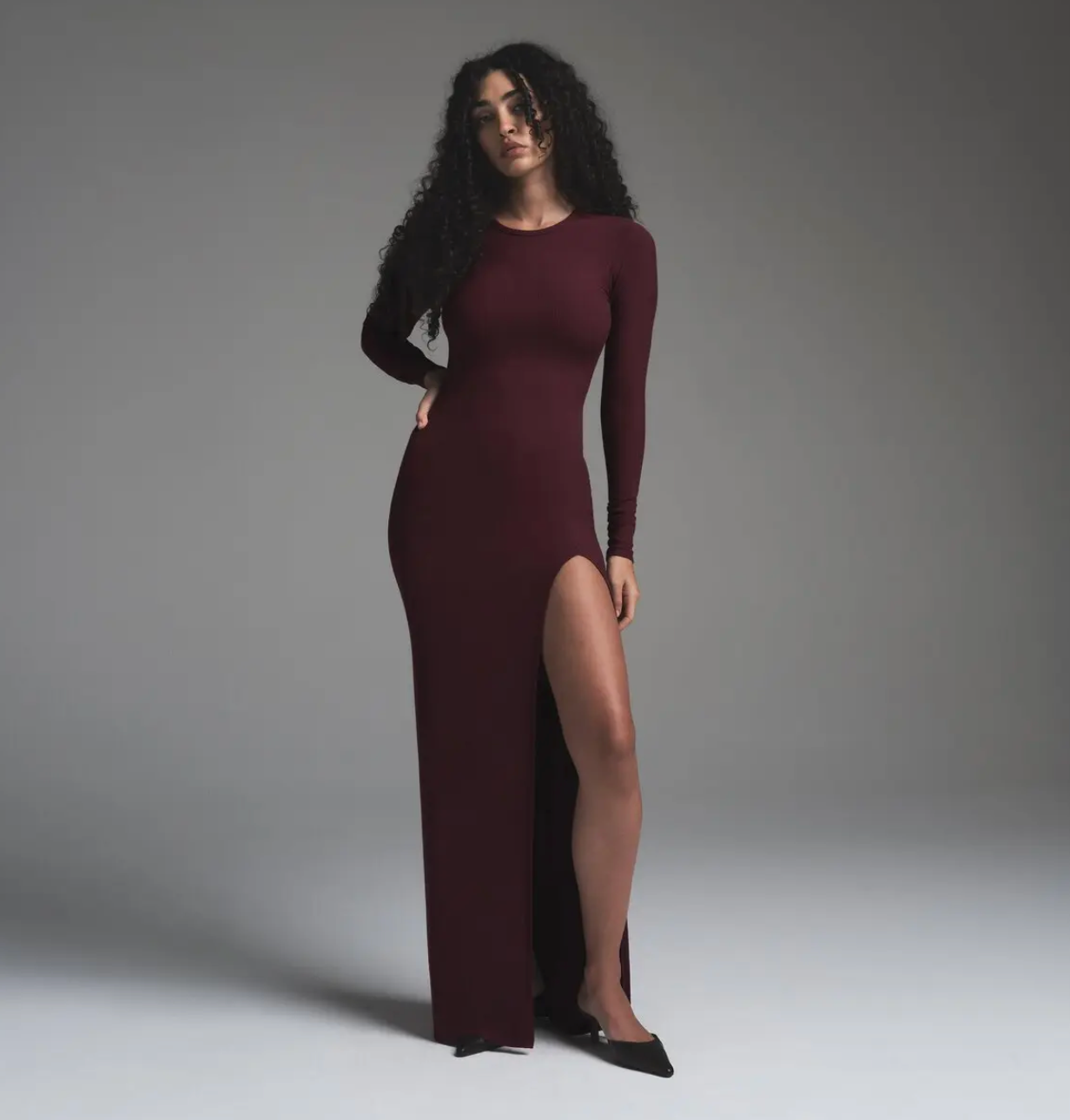 SOFT LOUNGE LONG SLEEVE SLIT DRESS
