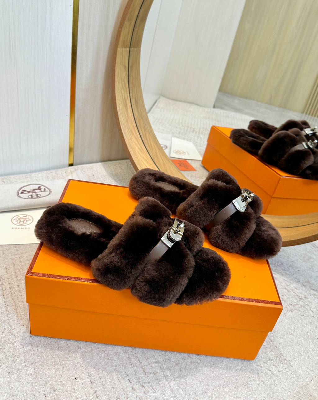 Hermès Oran Shearling Kelly buckle Sandal