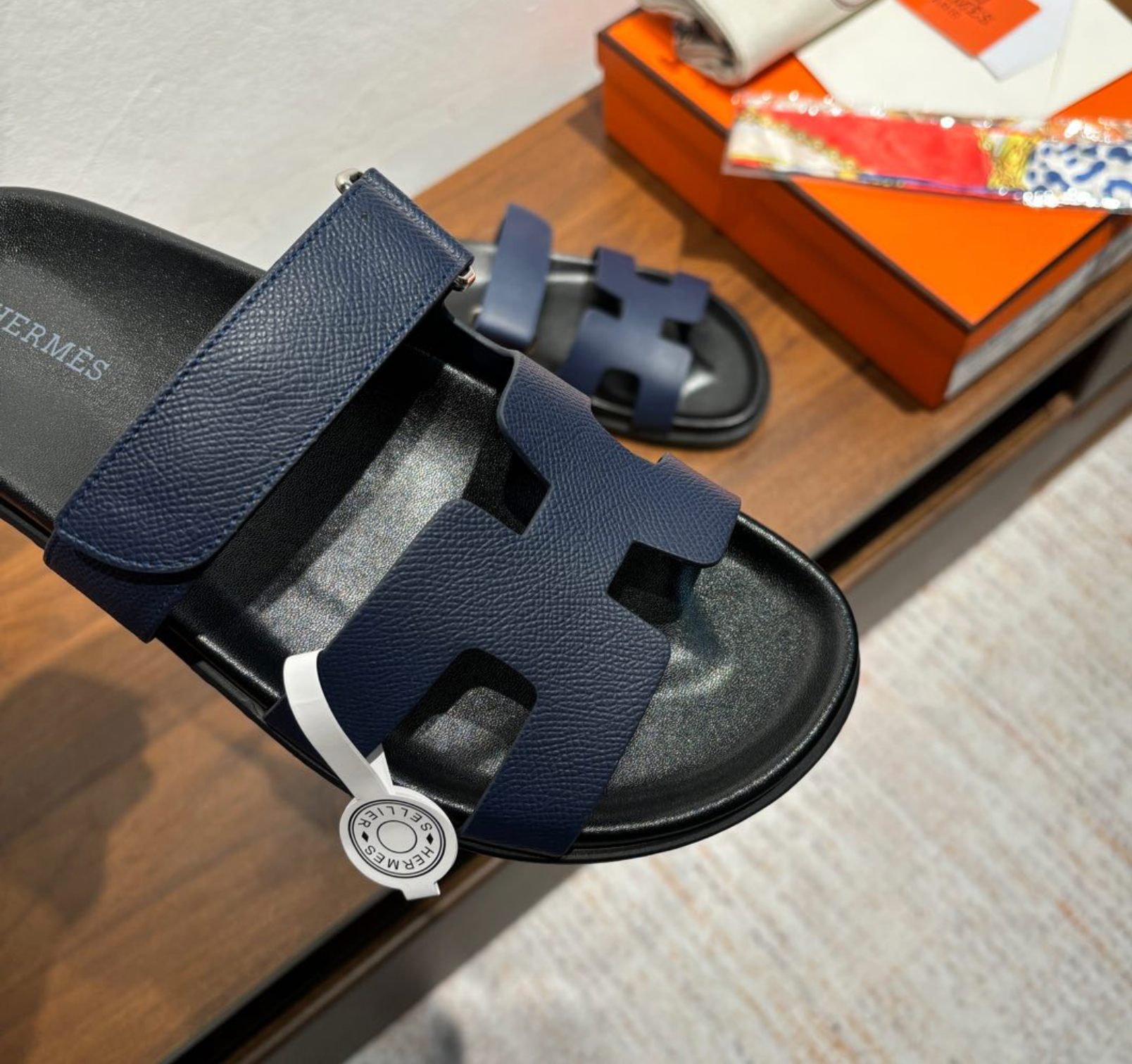 Hermès Chypre Leather Navy/Black Sandal