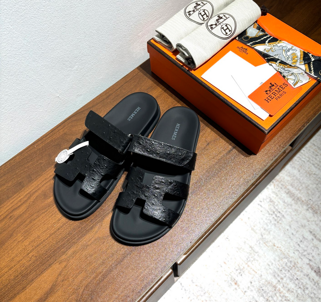 Hermès Chypre Noir Ostrich Leather Sandal