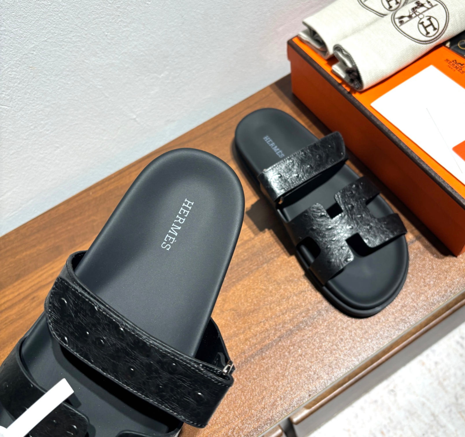 Hermès Chypre Noir Ostrich Leather Sandal