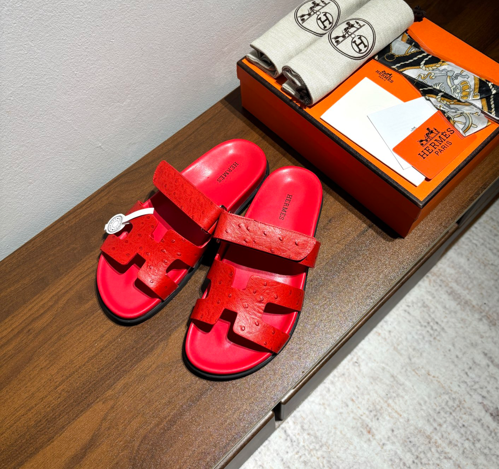 Hermès Chypre Red Ostrich Leather Sandal