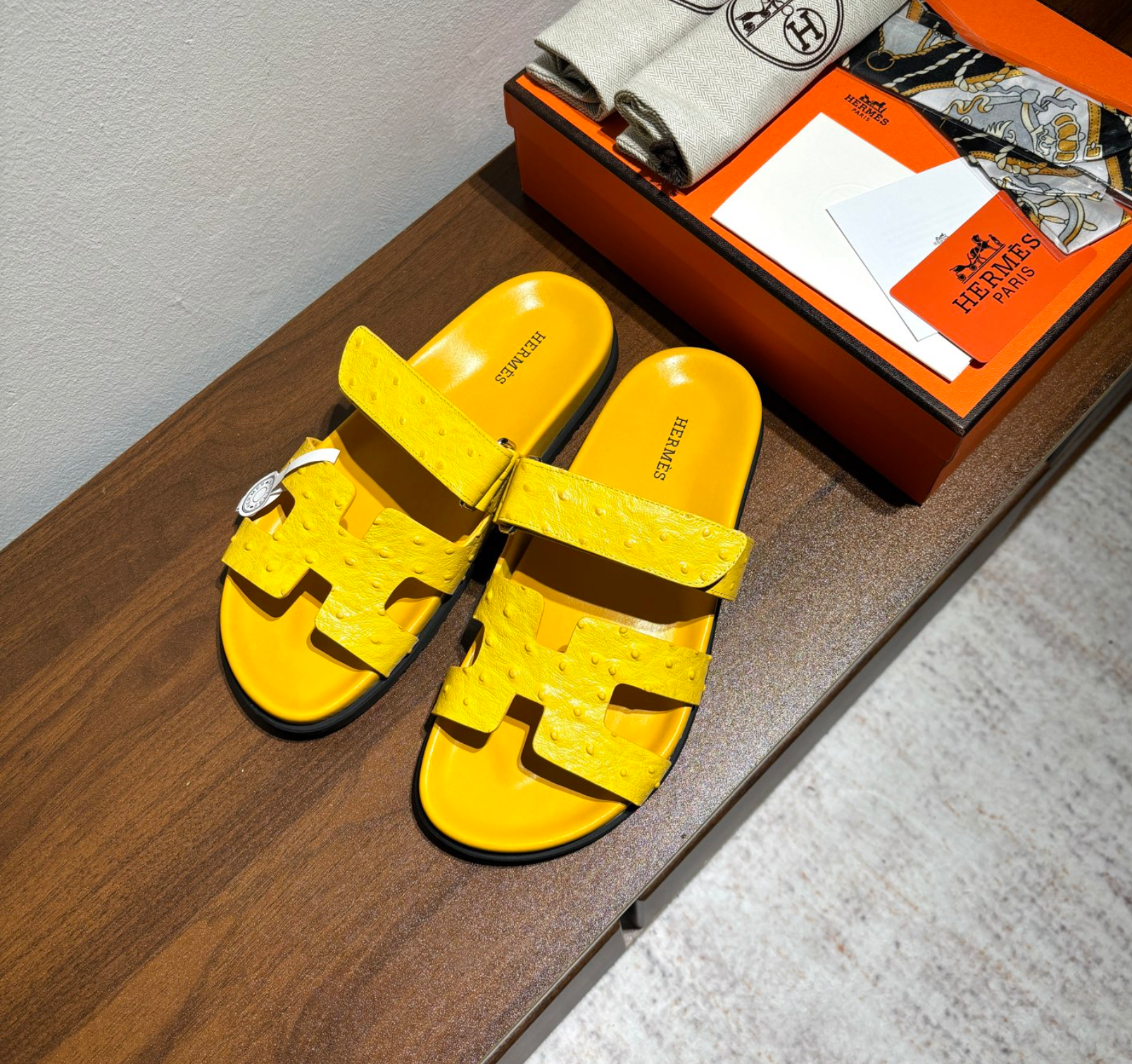 Hermès Chypre Yellow Ostrich Leather Sandal