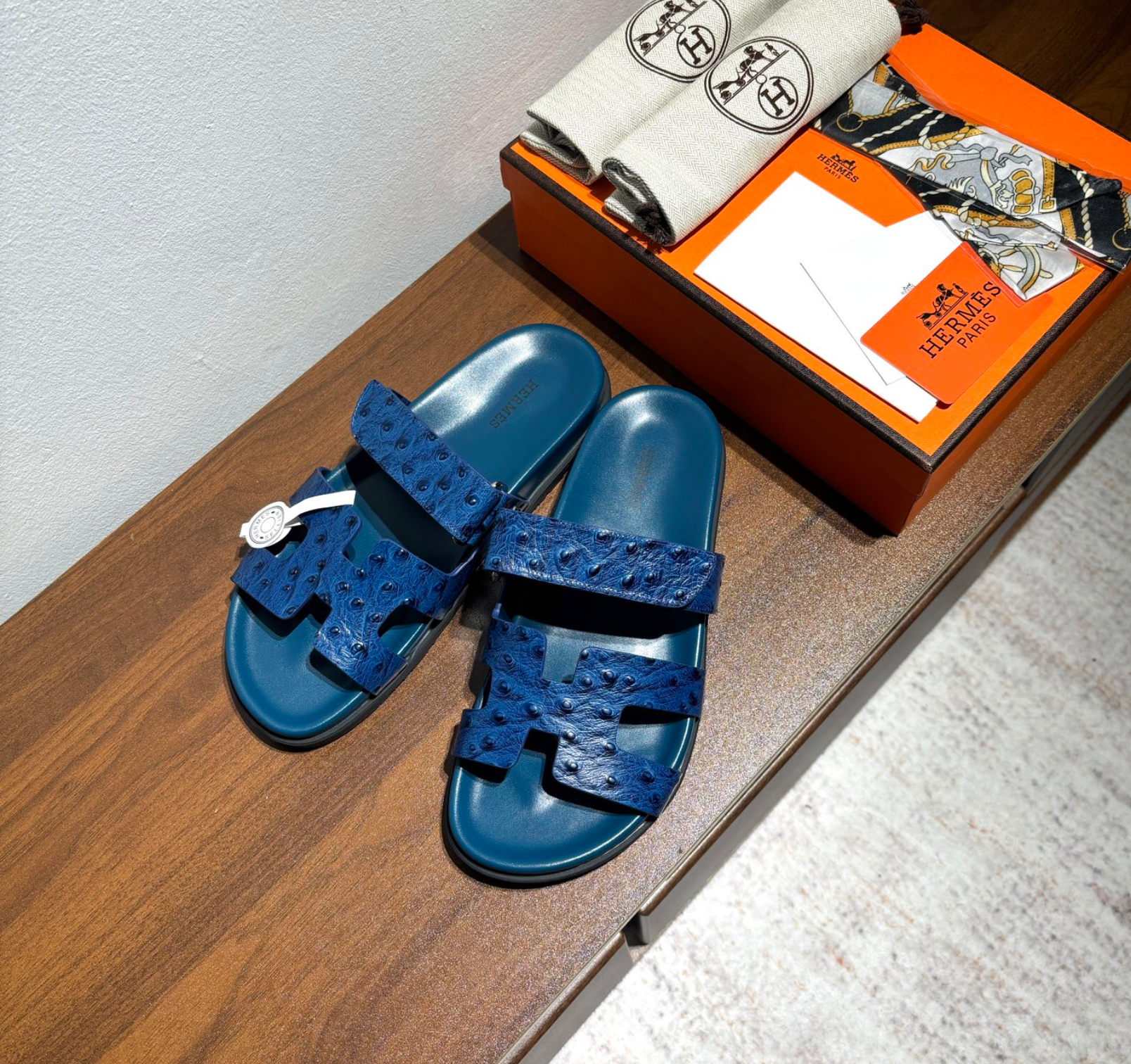 Hermès Chypre Blue Ostrich Leather Sandal