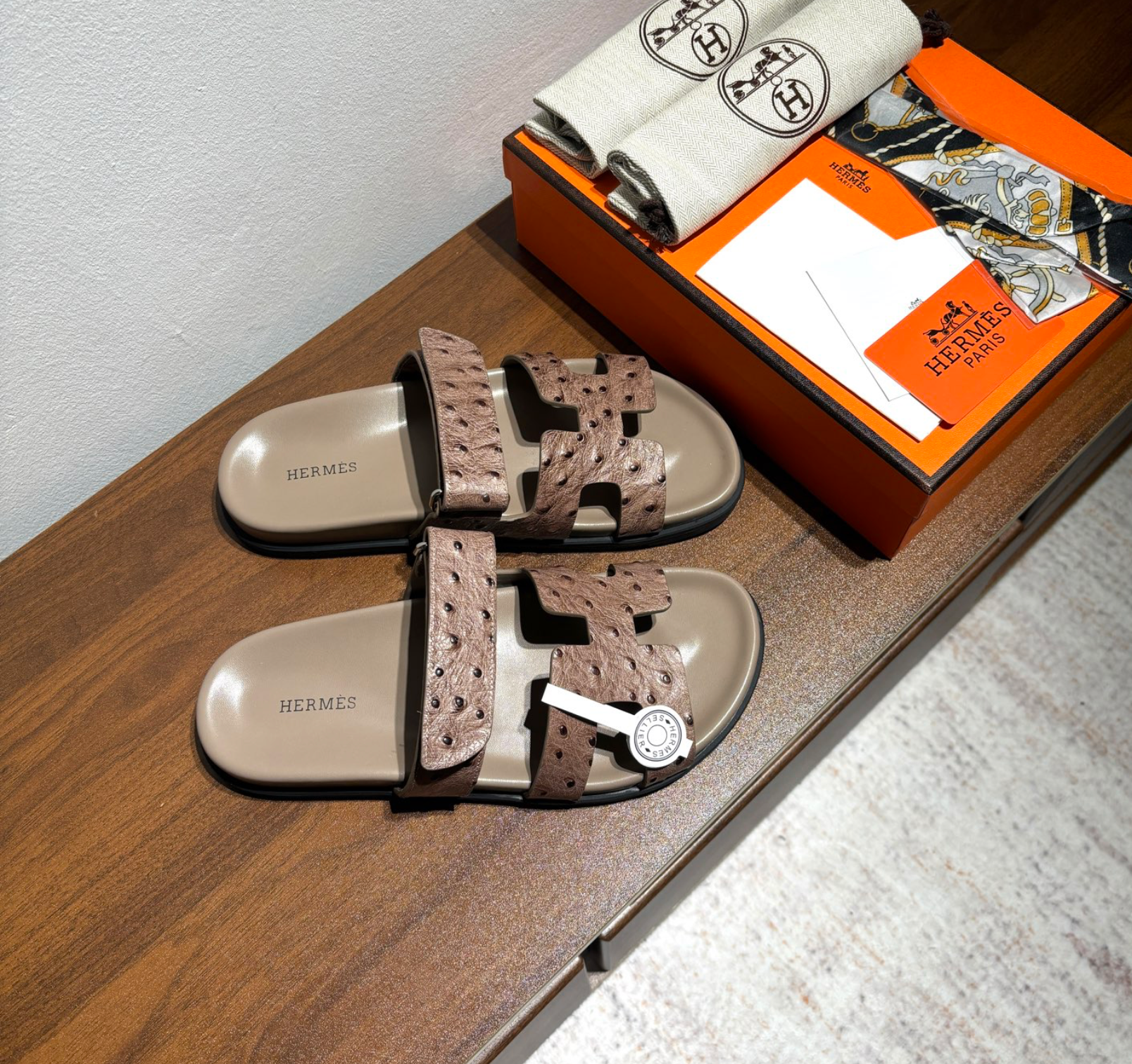 Hermès Chypre Brown Ostrich Leather Sandal