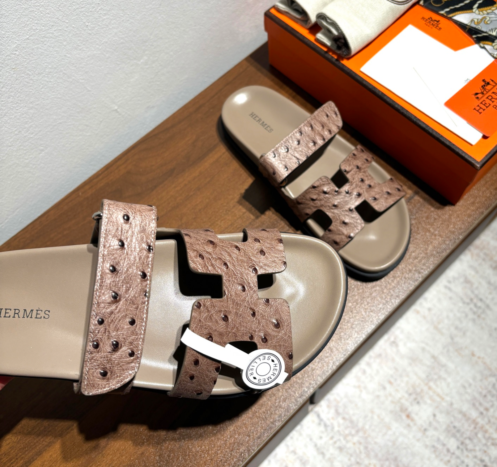 Hermès Chypre Brown Ostrich Leather Sandal