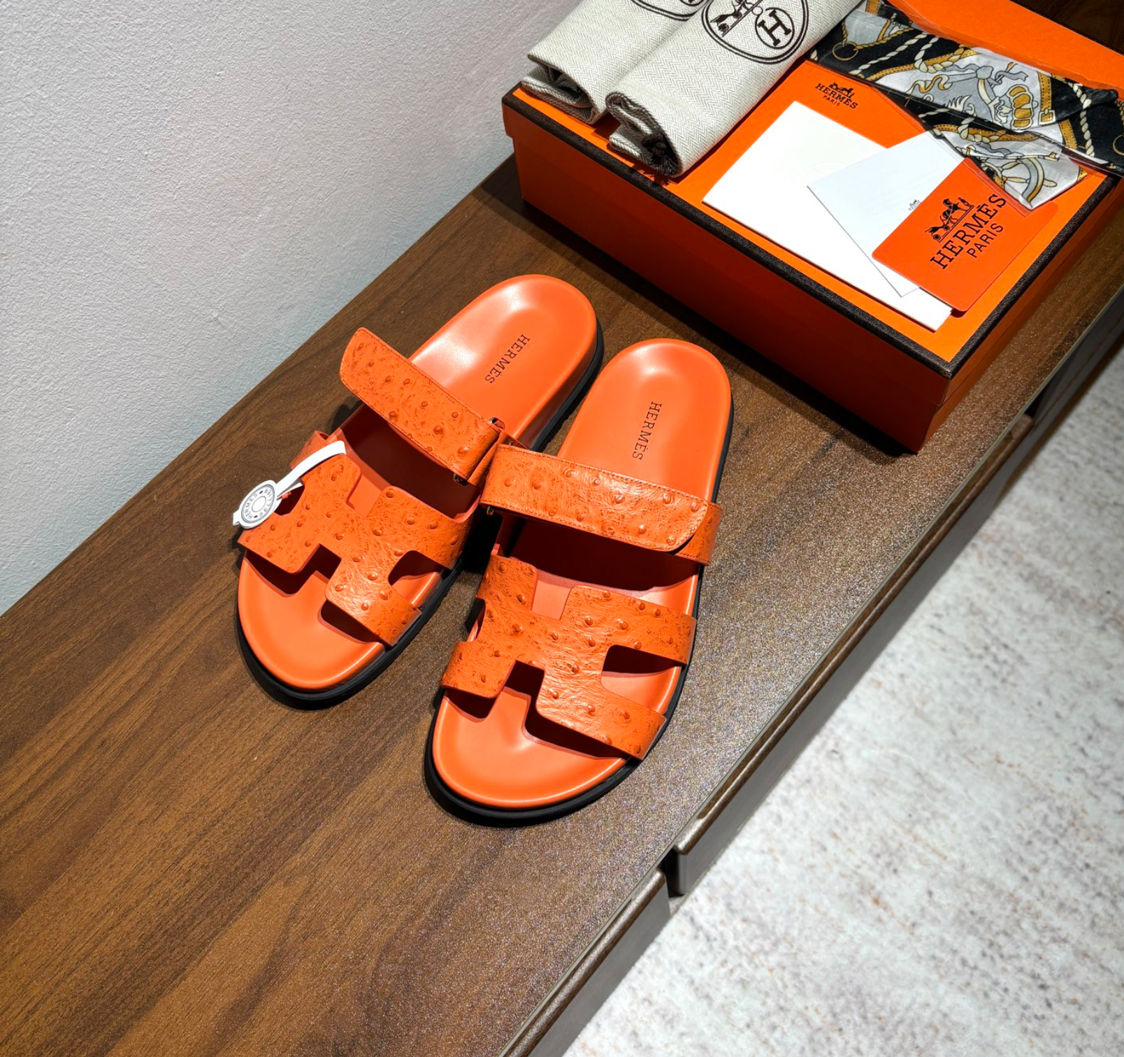 Hermès Chypre Orange Ostrich Leather Sandal